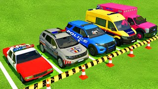 CHEVROLET DACIA FORD VOLKSWAGEN POLICE CARS amp FORD AMBULANCE EMERGENCY TRANSPORTING  FS22 [upl. by Niuqram]