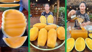 Yellow water melon jelly and drinking  Mommy chef make tasty water melon Cooking with Sros [upl. by Holman]