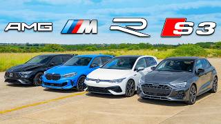 New Audi S3 v BMW M135i v AMG A35 v VW Golf R DRAG RACE [upl. by Onirefes]