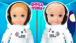 Elsie and Annie fly in a Rocket as Astronauts and learn about Space  Doll Time [upl. by Atilef486]