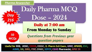 Day 216 Daily Pharma MCQ Dose Series 2024 II 50 MCQs II exitexam pharmacist druginspector dsssb [upl. by Reifnnej]