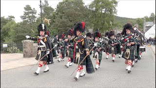 Drum Majors lead the Lonach Pipe Band on the march to the 2023 Braemar Gathering in Scotland [upl. by Wilone]