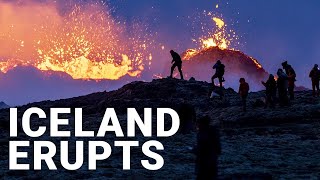 Iceland volcano erupts Watch lava flows near Reykjavik [upl. by Dnomaid]