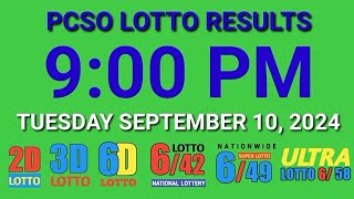 9pm Lotto Results Today September 10 2024 ez2 swertres 2d 3d pcso [upl. by Nunciata]