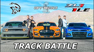 2020 Mustang Shelby GT500 vs Camaro ZL1 1LE vs Hellcat Redeye  DRAG RACE ROLL RACE amp LAP TIMES [upl. by Islaen157]