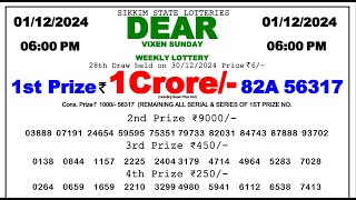 Dear Lottery Result 0600pm 011224 Sikkim Lottery Sambad Fax [upl. by Pren]