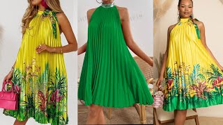 How to make a Sleeveless Halter Neck Pleated Dress with Tie Collar [upl. by Ellirpa284]