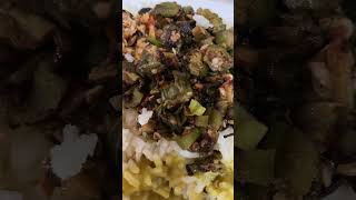 Guyanese style food rice dhall with spinach fried okras salmon and potato choka [upl. by Ephrayim]