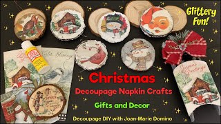 CHRISTMAS DECOUPAGE GIFTS and DECOR  NAPKINS amp MOD PODGE  ➕GLITTERY “WOOD SLICE” ORNAMENTS ❤️💚 [upl. by Block974]