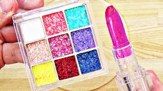 Slime Coloring with Glitter Makeup Mixing Eyeshadow Palette Lipstick amp Body Gel into Clear Slime [upl. by Noroj]