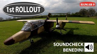 Benedini Soundsystem Hangar 9 RC OV10 Bronco warbird 1st Rollout Turboprop sound [upl. by Myrtia426]