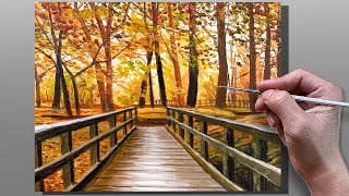 Acrylic Painting Autumn Forest Bridge Landscape  Correa Art [upl. by Ydroj]