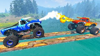 El Toro Loco Monster Jam Ice amp Fire Cars Drive and Jump over River  Car vs Log Bridge  BeamNG OMDs [upl. by Dubenko]