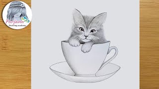 How to Draw a Cute Kitty in a Cup  Step by Step  Pencil sketch tutorial [upl. by Purdum]