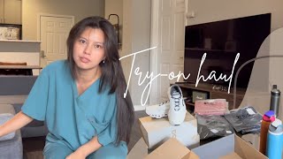 TryOn Haul FIGS Scrub Suits On Running Vs Hoka Shoes Owala Water Bottle  Travel Nurse [upl. by Yennaiv103]