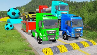 Double Flatbed Trailer Truck vs Speedbumps Train vs Cars  Tractor vs Train BeamngDrive 058 [upl. by Ahsayn]