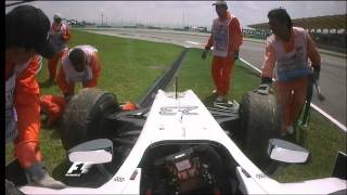 Man gets hit by Hispania Racing Teams F1 car at its top speed [upl. by Elmajian]