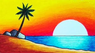 Easy Drawing Beautiful Sunset Scenery With Oil Pastel  How To Draw Easy Sunset Scenery [upl. by Tenom]