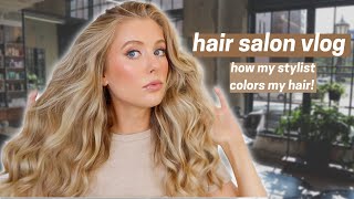 How My Hair Stylist Colors my Warm Blonde Hair Hair Salon Vlog [upl. by Ponton]