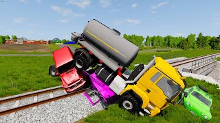 Flatbed Trailer Truck Rescue  Cars vs Rails  Speed Bumps  BeamNGDrive [upl. by Verile]