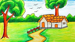 How to draw a beautiful village scenery  Indian village scenery drawing  prakritik drishya drawing [upl. by Christiano]