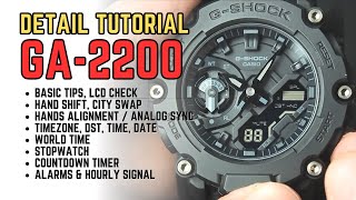 Casio GShock GA2200 Detail Setting Tutorial Time Date Sync Timer Alarms GA2200 Mod 5674 [upl. by Kerr170]