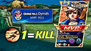 GLOBAL DYRROTH 2ND SKILL 1 SHOT BEST EMBLEM SET UP AND BUILD DYRROTH GAMEPLAY  MOBILE LEGENDS [upl. by Jaquith]