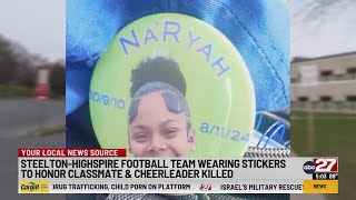 SteeltonHighspire High School football wearing stickers honoring deceased 13yearold shooting vict [upl. by Lammaj]