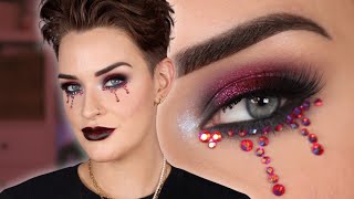 Vampy Glam Halloween Makeup Tutorial  Rhinestone Tear Look [upl. by Wardle]