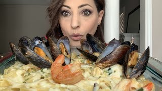 CREAMY SEAFOOD ALFREDO PASTA BAKE  Mukbang  Eating Show BIG BITES [upl. by Kincaid487]