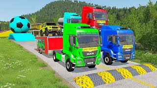 Double Flatbed Trailer Truck vs Speedbumps Train vs Cars  Tractor vs Train BeamngDrive 050 [upl. by Bentlee]