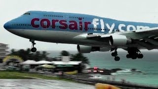 Corsairfly  Boeing 747 Landing during Heavy Rain at St Maarten Princess Juliana Intl Airport [upl. by Ailaroc]