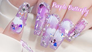 💅Korea Nail Art✨🦋반짝반짝 빛나는 윤슬 보라색 나비네일 💜 NailArt Dreams 하프팁연장  연장네일  네일아트  셀프네일  네일ASMR [upl. by Nuawaj464]