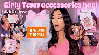 PINK amp GIRLY TEMU ACCESSORIES HAUL 2024  hello kitty makeup jewelry nails amp beauty [upl. by Murtagh]