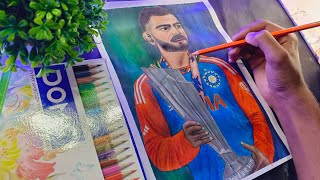 virat Kohli drawing Virat Kohli colour pencil drawing step by step  virat kohli trophy drawing 🏆 [upl. by Euginomod]