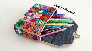 KUTU ŞEKLİNDE ÖRGÜ MOTİFLİ ÇANTA  ARTAN İPLERİ DEĞERLENDİRME  GRANNYSQUARE PURSE [upl. by Acnayb402]