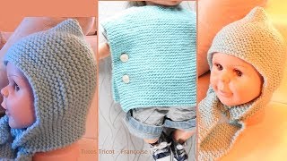 Tuto tricot Bonnet écharpe Bébé amp Poncho Brassière Bébé facile 36 mois  912 mois point mousse [upl. by Gypsie302]