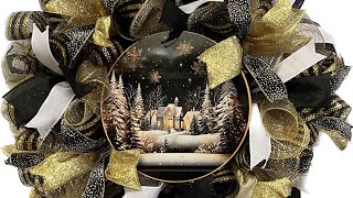 Black and Gold Christmas Deco Mesh Wreath Hard Working Mom How to [upl. by Ikkin965]