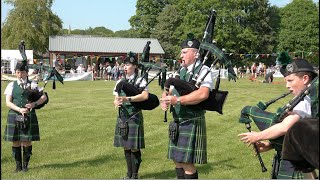 Huntly Pipe Band playing Braes of Killiecrankie during 2023 Oldmeldrum Highland Games in Scotland [upl. by Aneerb106]