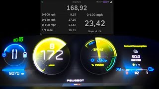 Peugeot e308 156 HP acceleration 060 mph 0100 kmh top max speed GPS drag 14 mile electric [upl. by Nosredneh585]