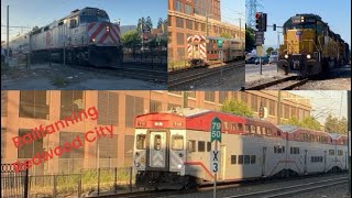 Union Pacific And Caltrain At Redwood City Railfanning 4k 2160P [upl. by Atnauq462]