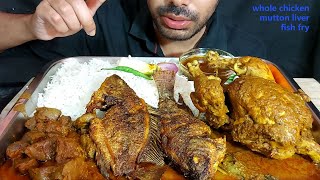 mutton liver masala whole chicken korma telapia fish fry huge rice salad eating show mukbang food [upl. by Yedsnil832]