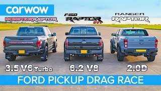 Ford F150 Raptor V6 Turbo vs F150 Raptor V8 SVT vs Ranger Raptor diesel  DRAG RACE amp ROLLING RACE [upl. by Ainex]