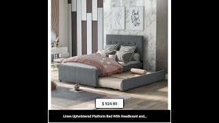 Linen Upholstered Platform Bed With Headboard and Trundle Full [upl. by Paz]