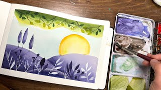 Watercolor Journal Day 38 Whimsical Folk Inspired landscape [upl. by Noelle]