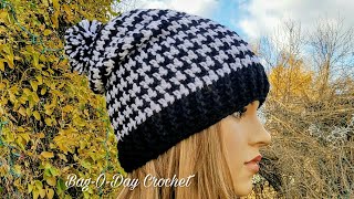 HOW TO CROCHET  SLOUCHY HAT  UNISEX HOUNDSTOOTH BEANIE  BAGODAY CROCHET Tutorial 438 [upl. by Audley]