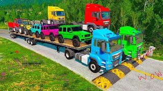 Double Flatbed Trailer Truck vs Speedbumps Train vs Cars Tractor vs Train BeamngDrive68 [upl. by Fenton]