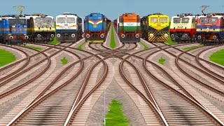 EIGHT RAILGADI TRAINS CROSSING AT BUMPY FORKED🤡 RAILROAD TRACKS  Train Games MrBeastGaming [upl. by Okin420]