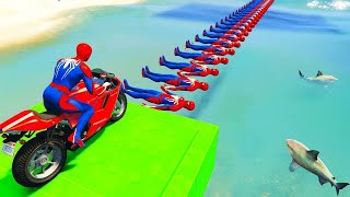 الأبطال الخارقين على القضبان دوامة قمع جس ep5 SPIDERMAN on Motorcycle in Spiral Bridge Stunt Ride [upl. by Millman66]