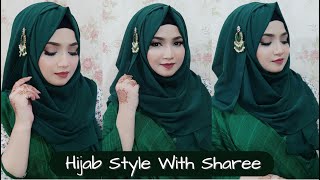 Hijab Style With Sharee amp Dangle Pin 2022 💚 শাড়ির সাথে হিজাব পড়ার স্টাইল 💚 Nipa [upl. by Zacharia]